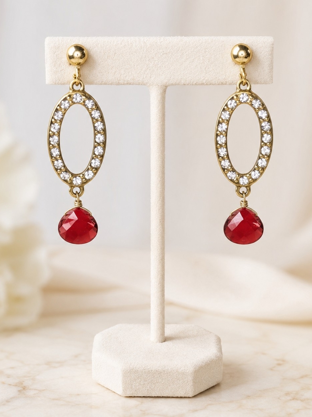 Vintage Red Rhinestone Dangle Earrings Gold Silver Tone Oval Drop Earrings